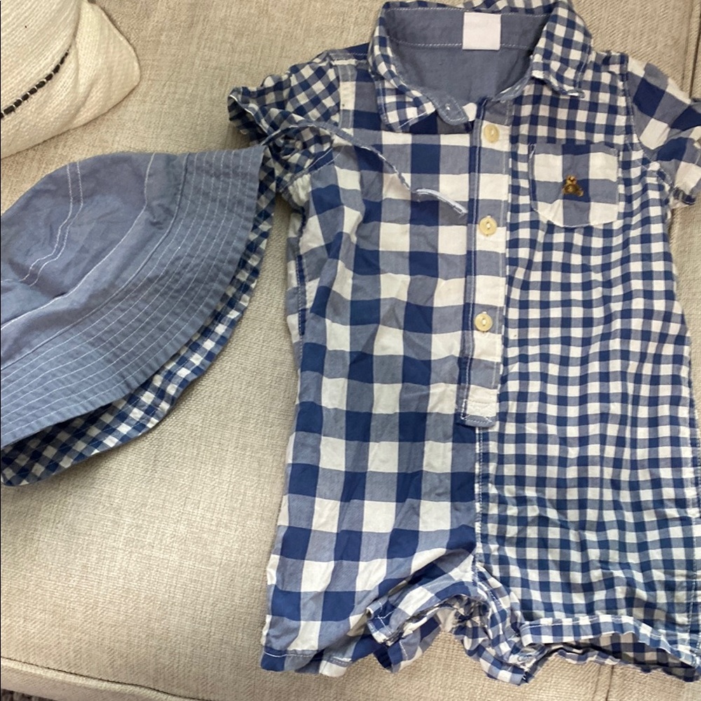 Blue Checkered Baby Romper with Hat